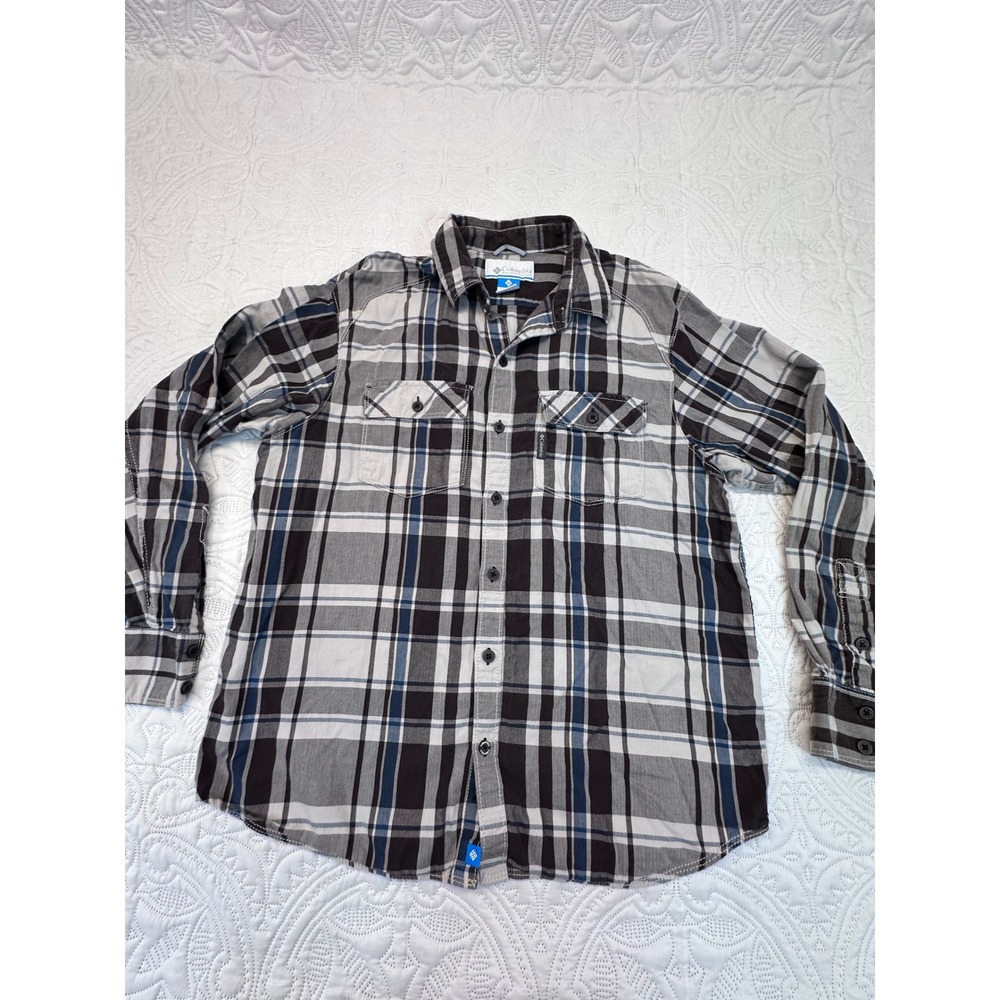Columbia Mens Brown Blue Plaid Cotton Long Sleeve Button Down Shirt Size M